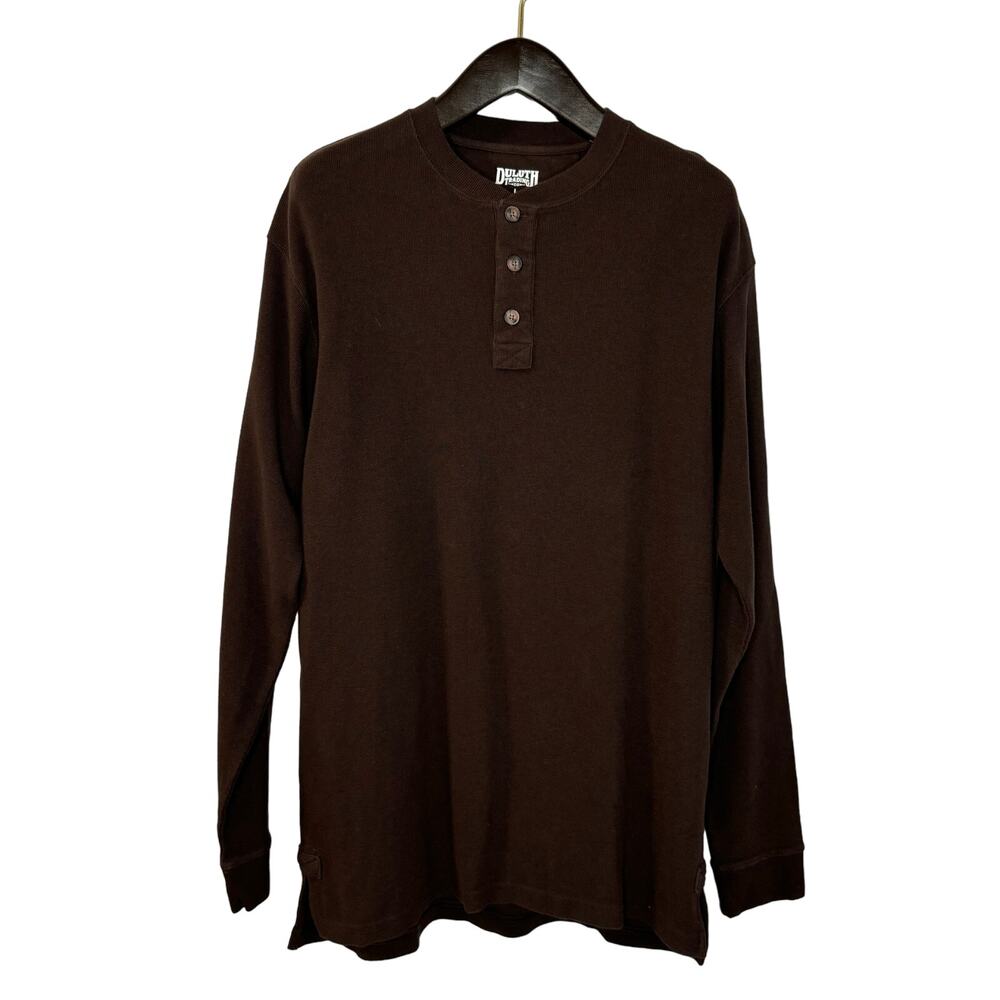 Duluth Trading Men's Longtail T Waffle Henley Long Sleeve Brown Large